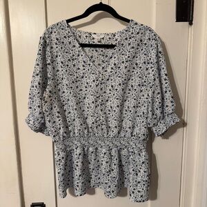Time And Tru Blue Floral synch waist blouse